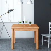 Mesa de comedor country de nogal con apertura tipo libro en madera revestida de melamina 90x90-180 cm