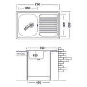 Fregadero encastrable de acero inoxidable con bañera 50x79 cm escurridor derecho