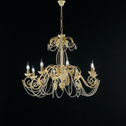 Lámpara de araña en hierro marfil decape y damasco oro strass ocho luces 90x h70 cm