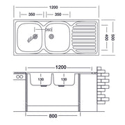 Fregadero de dos senos con goteo derecho en acero 50x120 cm