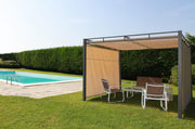 Cenador Maine con pérgola de acero de 3x3 cm con cortinas laterales