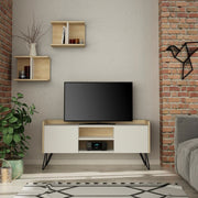 Mueble de TV abatible roble con puertas blancas y estantes 56,50 cm x 125,50 cm x 33 cm