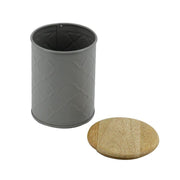 Tarro de metal con tapa de madera gris cmø10h14