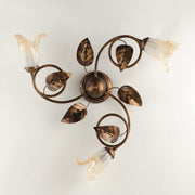 Plafón de hierro Marrón Oro Blanco Ámbar vidrios tres luces 59x h20 cm
