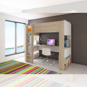 Dormitorio 1652 con cama alta y escritorio debajo en blanco y roble