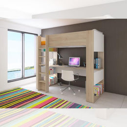 Dormitorio 1652 con cama alta y escritorio debajo en blanco y roble