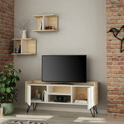 Mueble de TV abatible roble con puertas blancas y estantes 56,50 cm x 125,50 cm x 33 cm