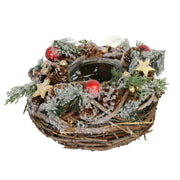 Portavelas cubierto de nieve con frutos rojos y piñas cm ø18h11