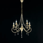 Araña de hierro marfil cinco luces decoración decape y pedrería 58x h72 cm