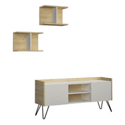 Mueble de TV abatible roble con puertas blancas y estantes 56,50 cm x 125,50 cm x 33 cm