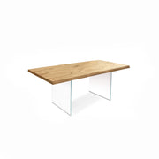 Mesa extensible en chapa de roble y patas en cristal templado 160/240x90x76h cm