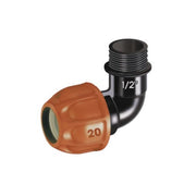 Racor en codo para tubo de 20mm con rosca macho de 1-2