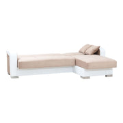 Sofá cama efecto piel blanca y tela beige con península a la derecha 240x140xh.88 cm