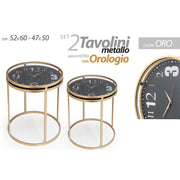 Juego de dos mesas de centro de metal dorado y tapa de cristal de reloj