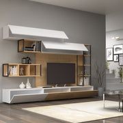 Pared equipada con dos solapas y cuatro muebles altos Roble Blanco TRONADOR 260x42x h210 cm