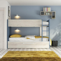 Dormitorio con litera con cama nido en blanco desgastado y azul reversible