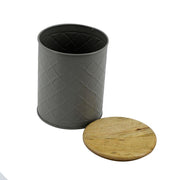 Tarro de metal con tapa de madera gris cmø16h19