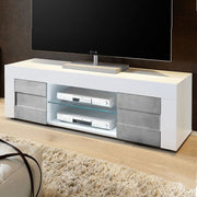 Base mueble TV blanco brillo con 2 puertas gris hormigón L.138 P.42 H.44 cm