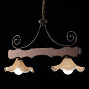 Araña antigua de madera de nogal y hierro dos luces pantallas de cristal 88x h50 cm