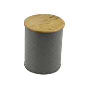 Tarro de metal con tapa de madera gris cmø16h19