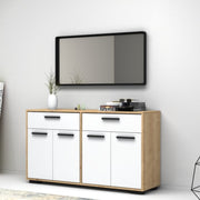 Aparador multiusos de cuatro puertas y dos cajones Roble Blanco TRUVA 140x40x h78 cm