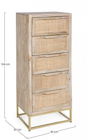 Cómoda de 5 cajones en madera natural de estilo vintage