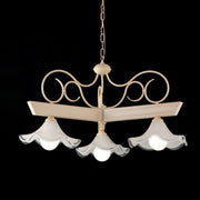 Lámpara de araña de hierro y madera lacada marfil con 3 luces decoración decape con placa de vidrio