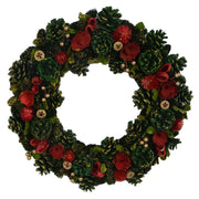 Corona con flores rojas y piñas verdescm ø45h8