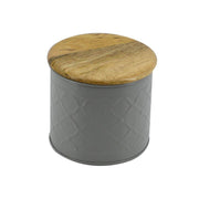 Tarro de metal con tapa de madera gris cmø15h14