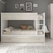 Dormitorio con litera con cama nido en blanco desgastado y blanco reversible