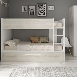 Dormitorio con litera con cama nido en blanco desgastado y blanco reversible