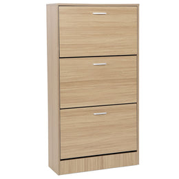 Zapatero con 3 puertas ahorra espacio en color marrón.