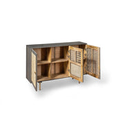 Aparador moderno gris oscuro con mimbre dorado cm 160 x 38 xh 75