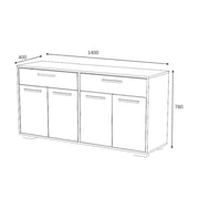 Aparador multiusos de cuatro puertas y dos cajones Roble Blanco TRUVA 140x40x h78 cm