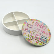 Caja de madera redonda con búhos cmø19h5