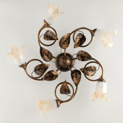 Plafón de hierro Marrón Oro Blanco Ámbar vidrios cinco luces 70x h20 cm
