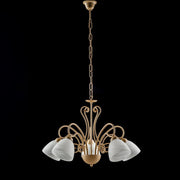 Araña de hierro marfil cinco luces Pantallas de cristal blanco alabastro 60x h45 cm
