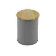Tarro de metal con tapa de madera gris cmø10h14