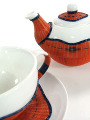 Taza de té con tetera y jarra de leche 9 piezas bambú naranja y cerámica