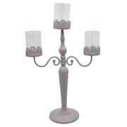 Portavelas candelabro metal taupe 3 plazas con cristal cm38x17h62