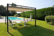 Cenador Maine con pérgola de acero de 3x3 cm con cortinas laterales
