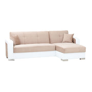 Sofá cama en ecopiel blanca y tejido beige con península derecha 240x140xh.88 cm