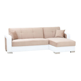 Sofá cama efecto piel blanca y tela beige con península a la derecha 240x140xh.88 cm