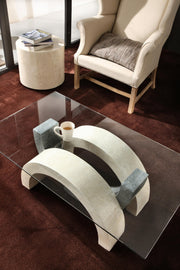 Mesa de centro con tapa de cristal templado y patas beige/gris 120x70x41h cm