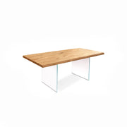 Mesa en chapa de roble y patas en cristal templado 160x76h cm