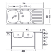 Fregadero de dos senos con escurridor de acero sobre encimera derecho 50x120 cm (N127DX)