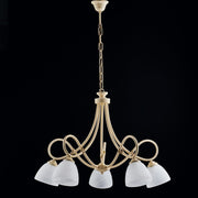 Candelabro de hierro decape marfil cinco luces pantallas de vidrio blanco alabastro 69x h52 cm