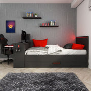 Dormitorio 5040 con cama individual con cama nido y escritorio incorporado en antracita y rojo reversible