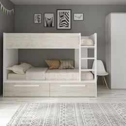 Dormitorio con litera con cajones en blanco desgastado y blanco reversible