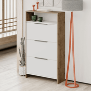 Zapatero Kaju con 3 puertas plegables blancas y estructura de nogal